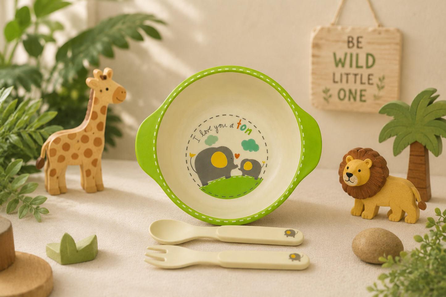 Enormous Elephant Bamboo Kids Bowl with Spoon and Fork -Set of 3