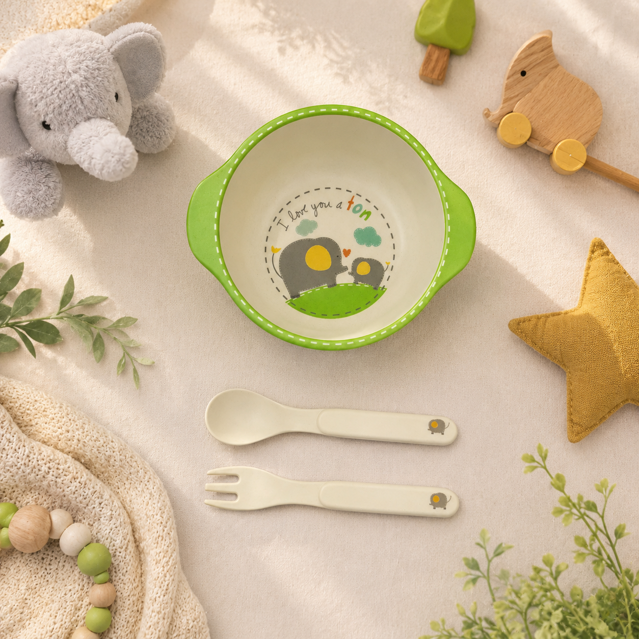 Enormous Elephant Bamboo Kids Bowl with Spoon and Fork -Set of 3
