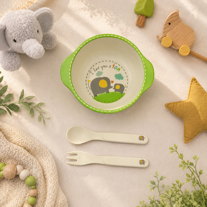 Enormous Elephant Bamboo Kids Bowl with Spoon and Fork -Set of 3