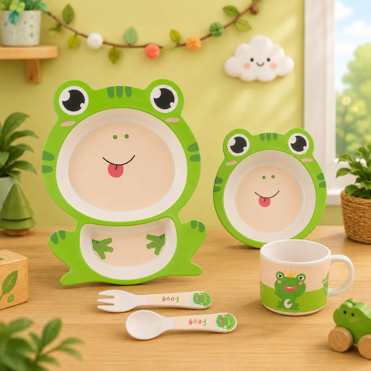 Funny Frog Bamboo Kids Dinner /Feeding Set of 5