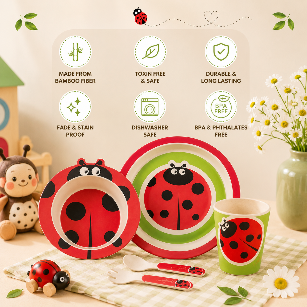 Lucky Ladybug Bamboo Kids Dinner /Feeding Set of 5- Round Edition