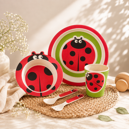Lucky Ladybug Bamboo Kids Dinner /Feeding Set of 5- Round Edition