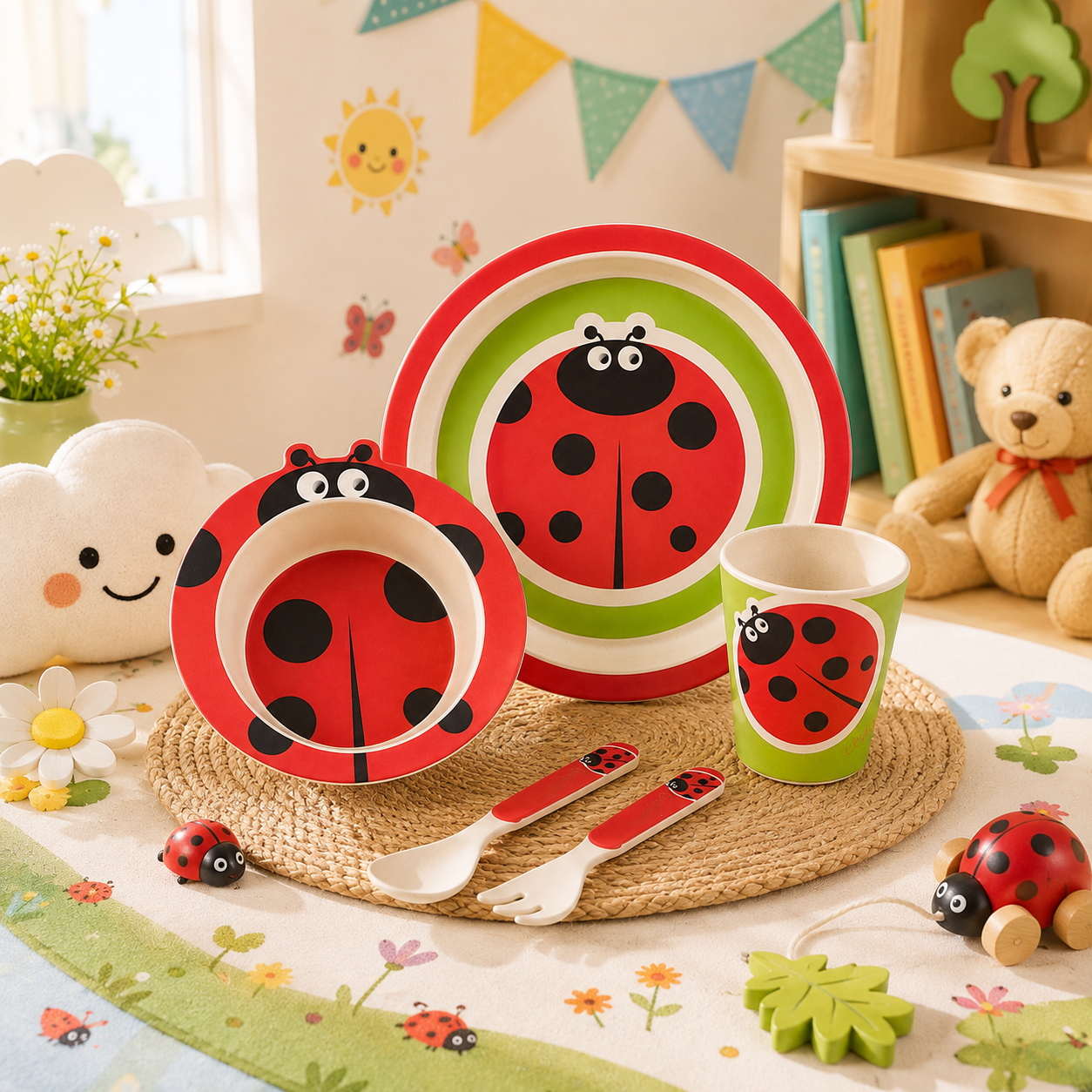 Lucky Ladybug Bamboo Kids Dinner /Feeding Set of 5- Round Edition