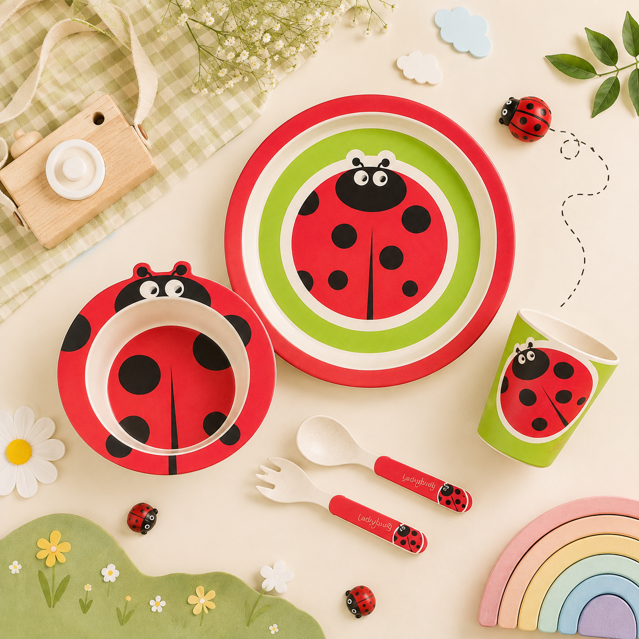 Lucky Ladybug Bamboo Kids Dinner /Feeding Set of 5- Round Edition