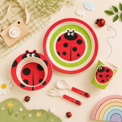 Lucky Ladybug Bamboo Kids Dinner /Feeding Set of 5- Round Edition