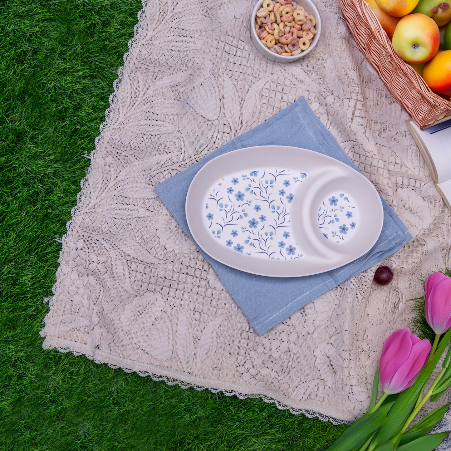 Whispering Blue Flower Bamboo Chip & Dip Platter