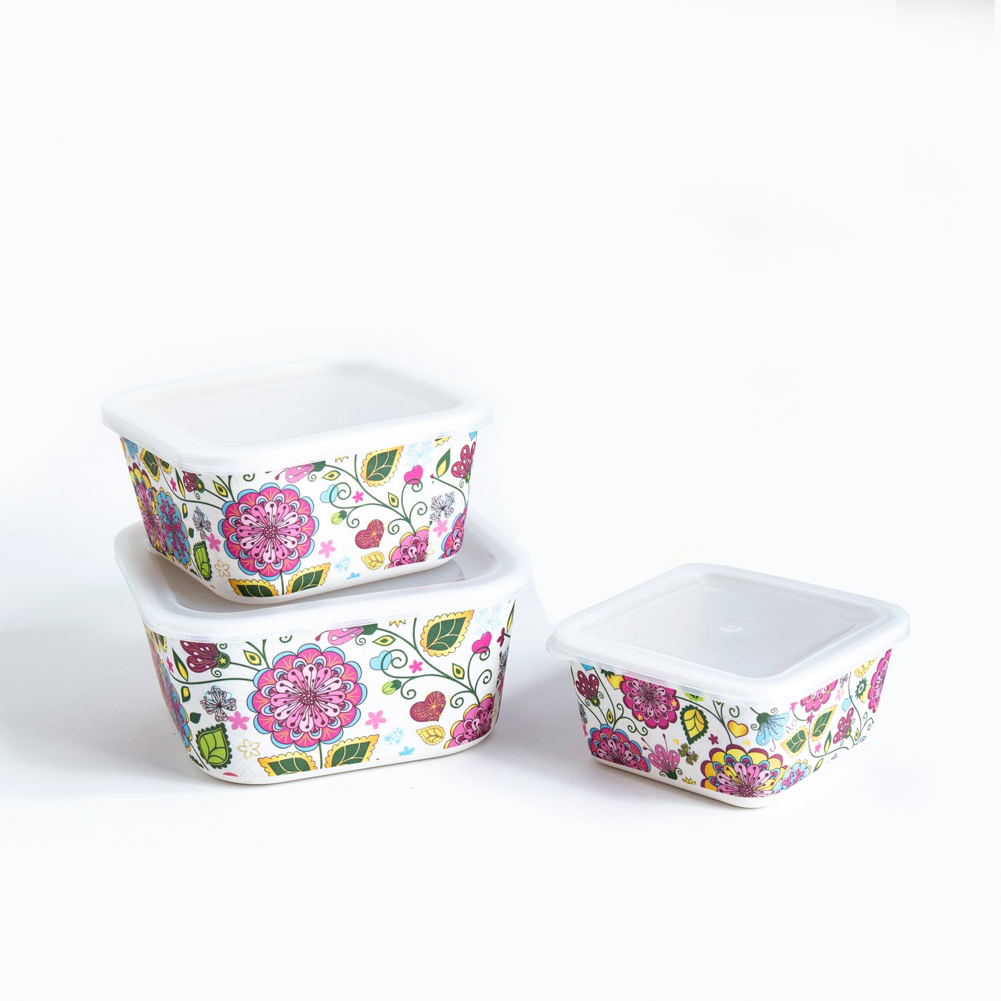 Pink Floral Storage Air-Tight Bamboo Canisters- Set of 3