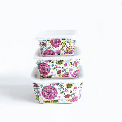 Pink Floral Storage Air-Tight Bamboo Canisters- Set of 3