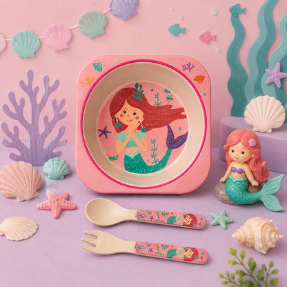 Magical Mermaid Bamboo Kids Bowl with Spoon and Fork -Set of 3
