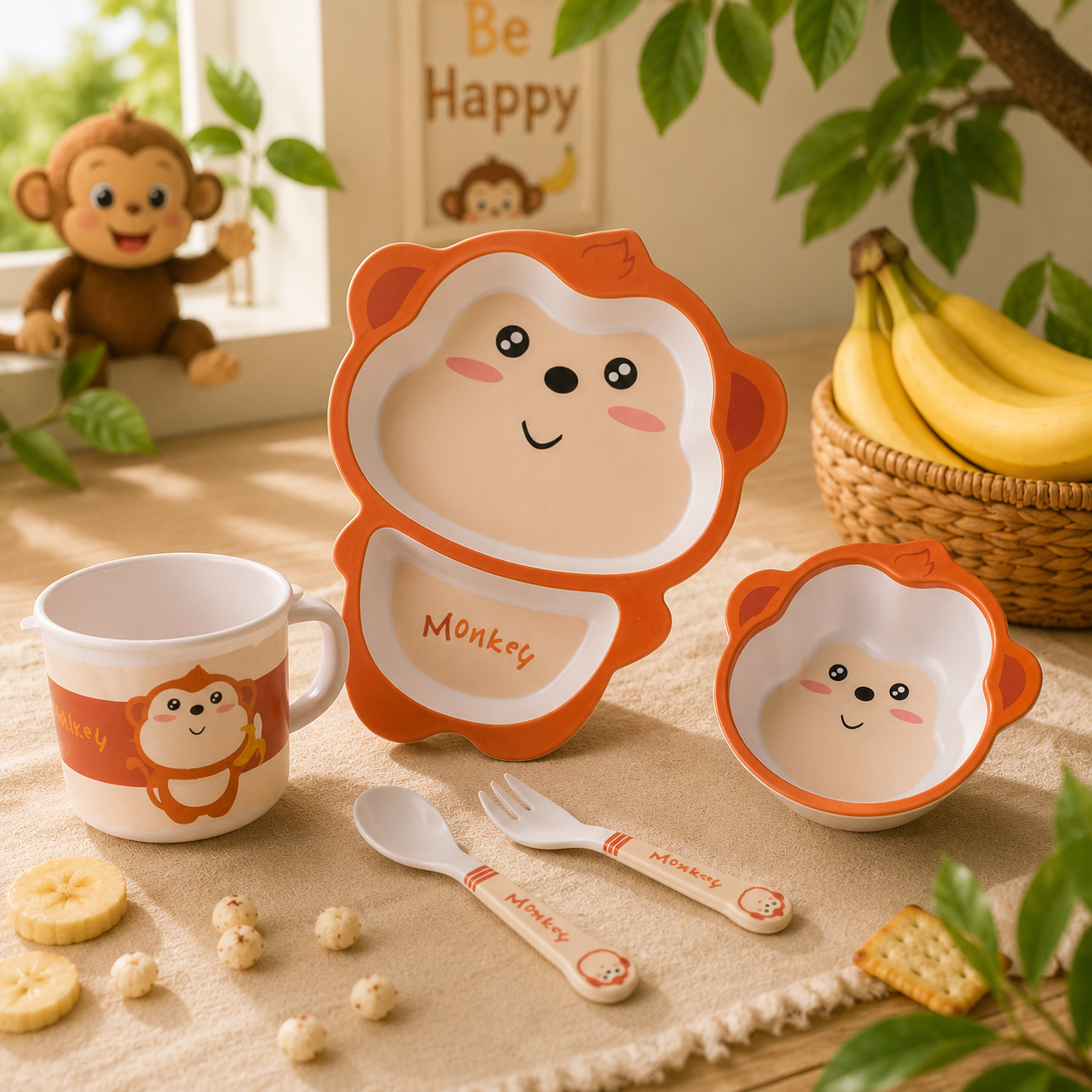 Mischievous Monkey Bamboo Kids Dinner /Feeding Set of 5