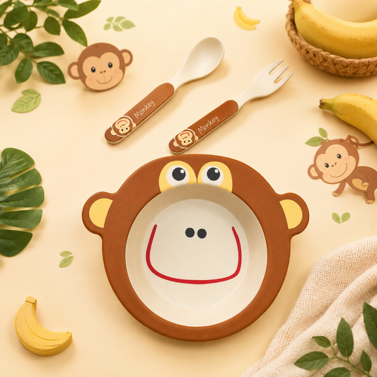 Mighty Monkey Bamboo Kids Bowl with Spoon and Fork -Set of 3