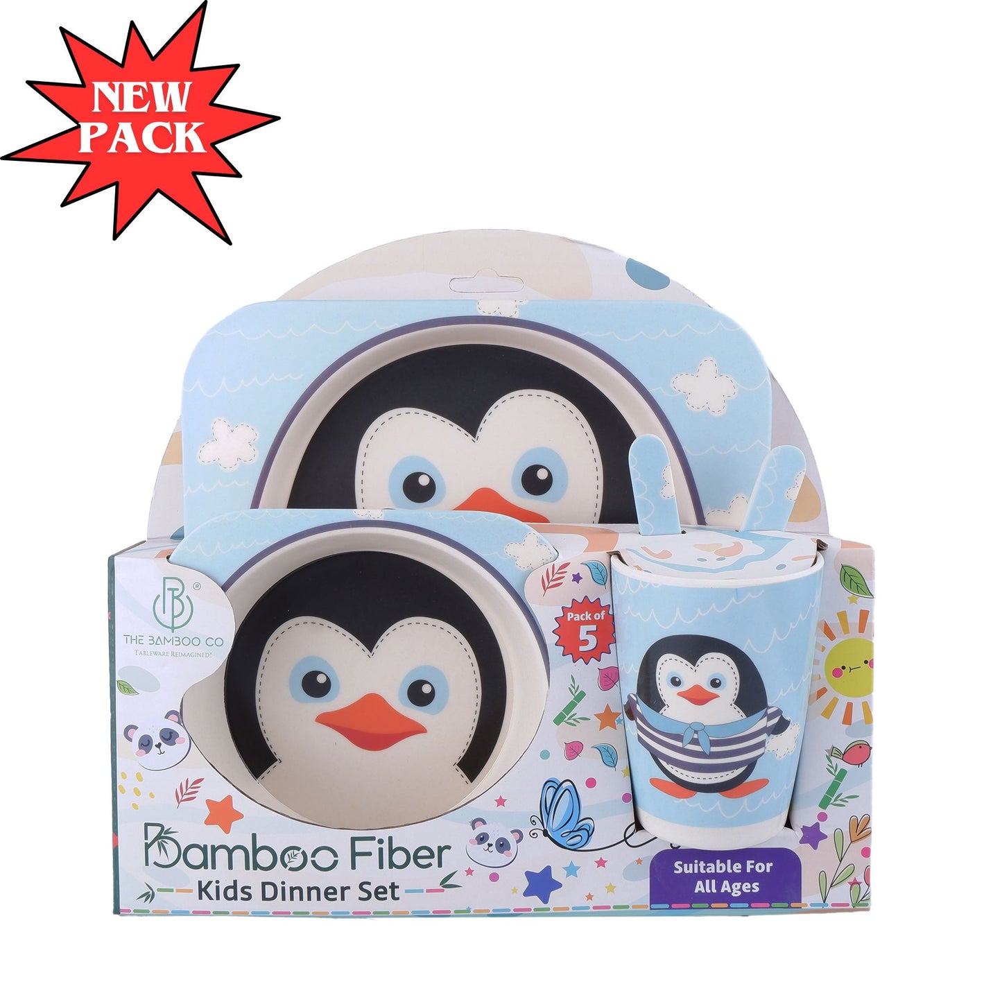 Plucky Penguin Bamboo Kids Dinner /Feeding Set of 5