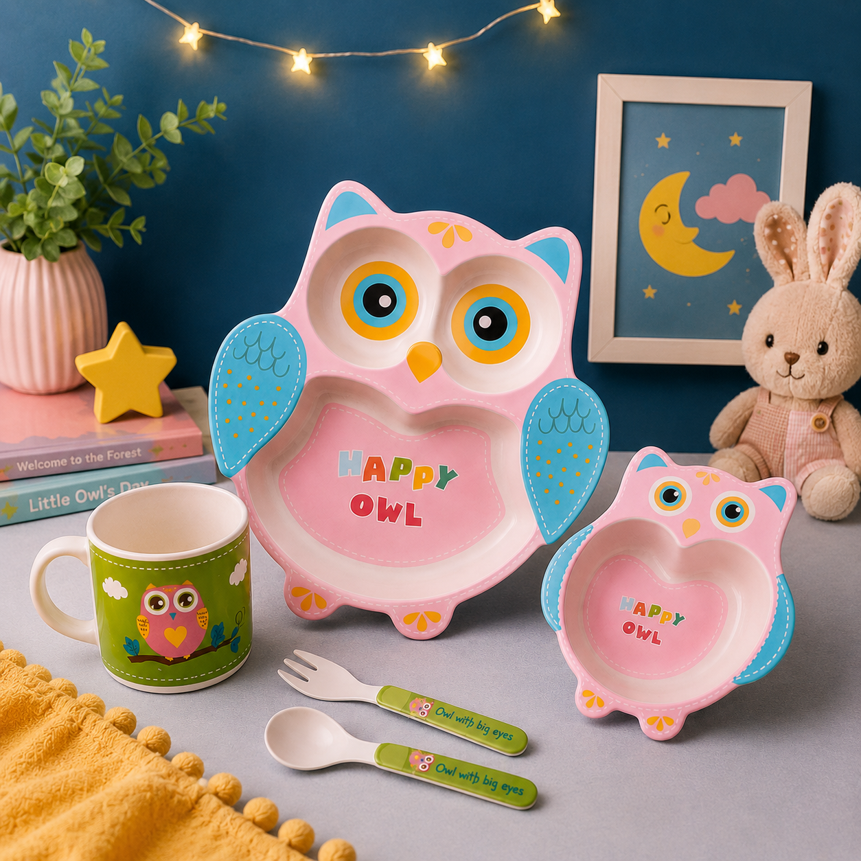 Obedient Owl Bamboo Kids Dinner /Feeding Set of 5