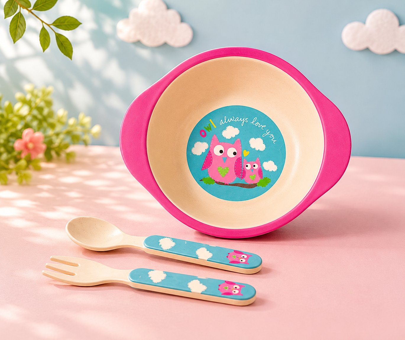 Observant Owl Bamboo Kids Bowl with Spoon and Fork -Set of 3