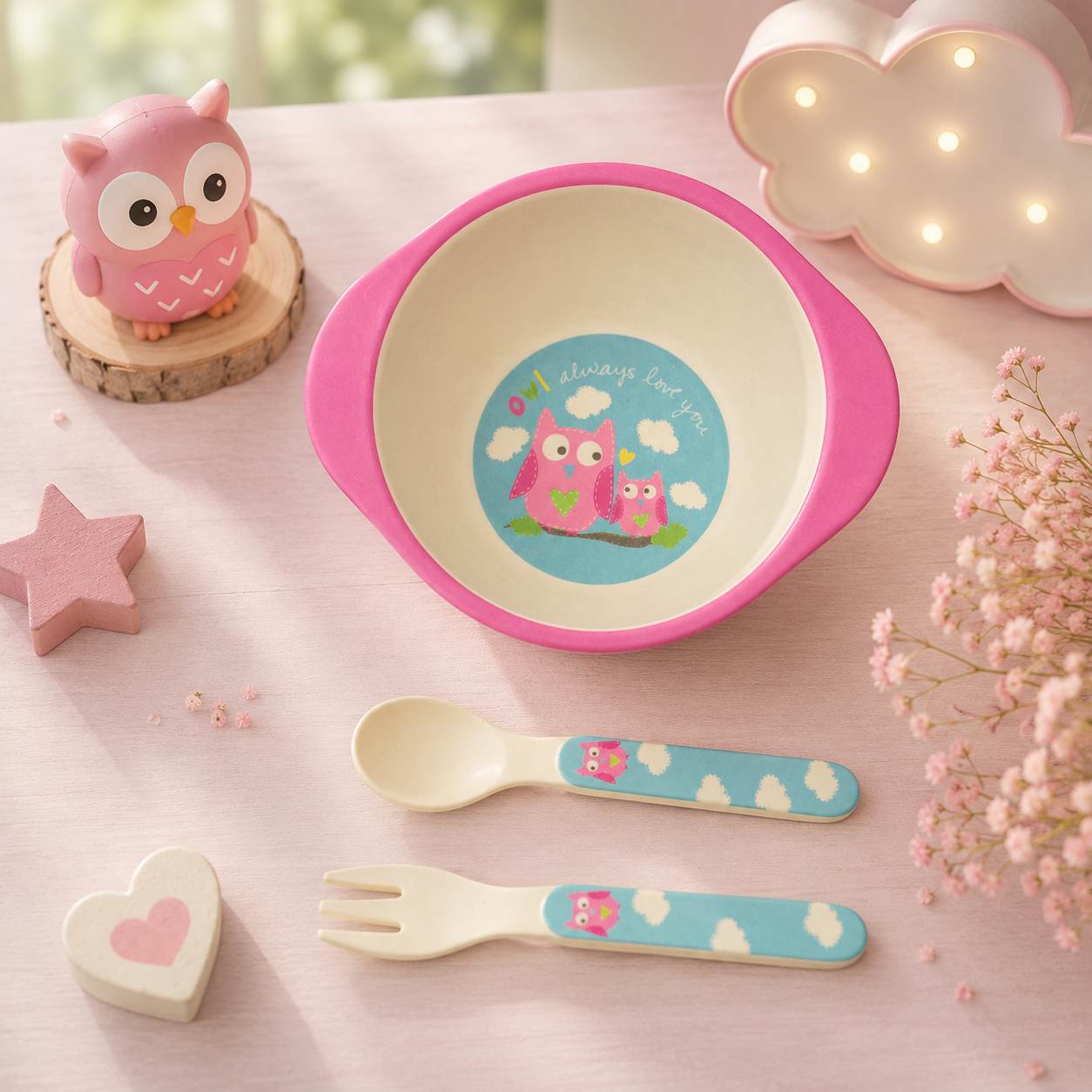 Observant Owl Bamboo Kids Bowl with Spoon and Fork -Set of 3