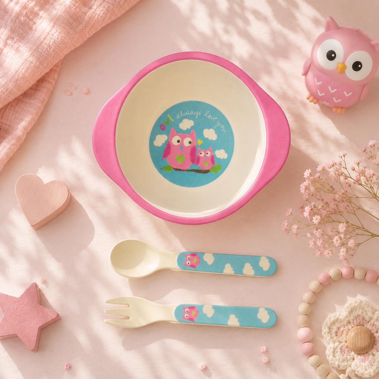 Observant Owl Bamboo Kids Bowl with Spoon and Fork -Set of 3