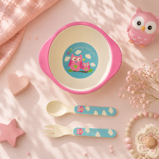 Observant Owl Bamboo Kids Bowl with Spoon and Fork -Set of 3
