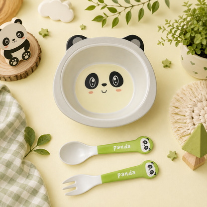 Playful Panda Bamboo Kids Bowl with Spoon and Fork -Set of 3