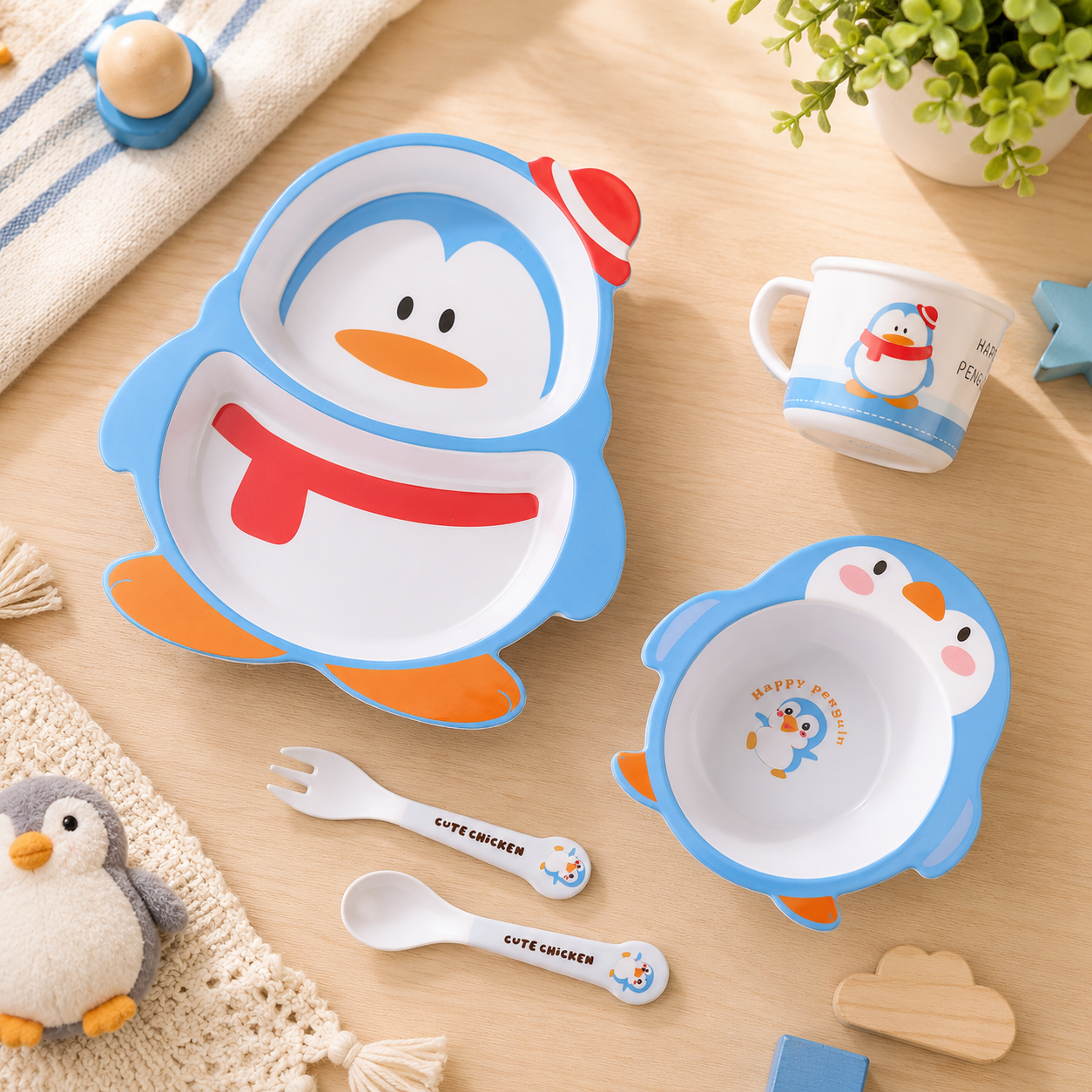 Paddy- The Penguin Bamboo Kids Dinner /Feeding Set of 5