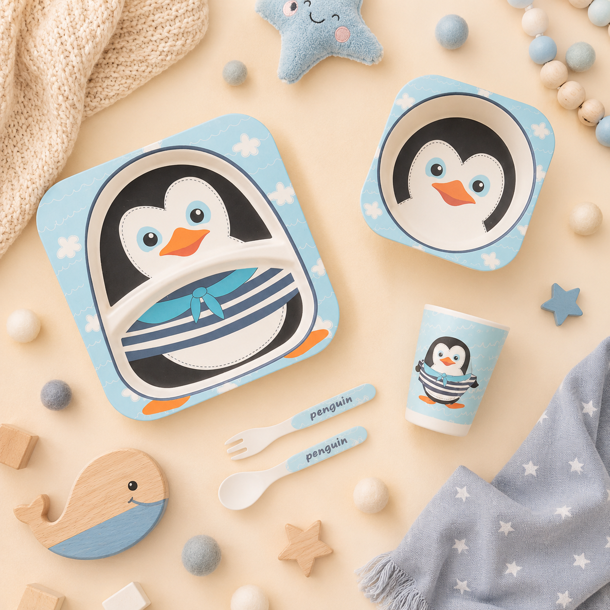 Plucky Penguin Bamboo Kids Dinner /Feeding Set of 5