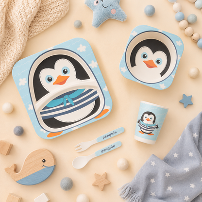 Plucky Penguin Bamboo Kids Dinner /Feeding Set of 5