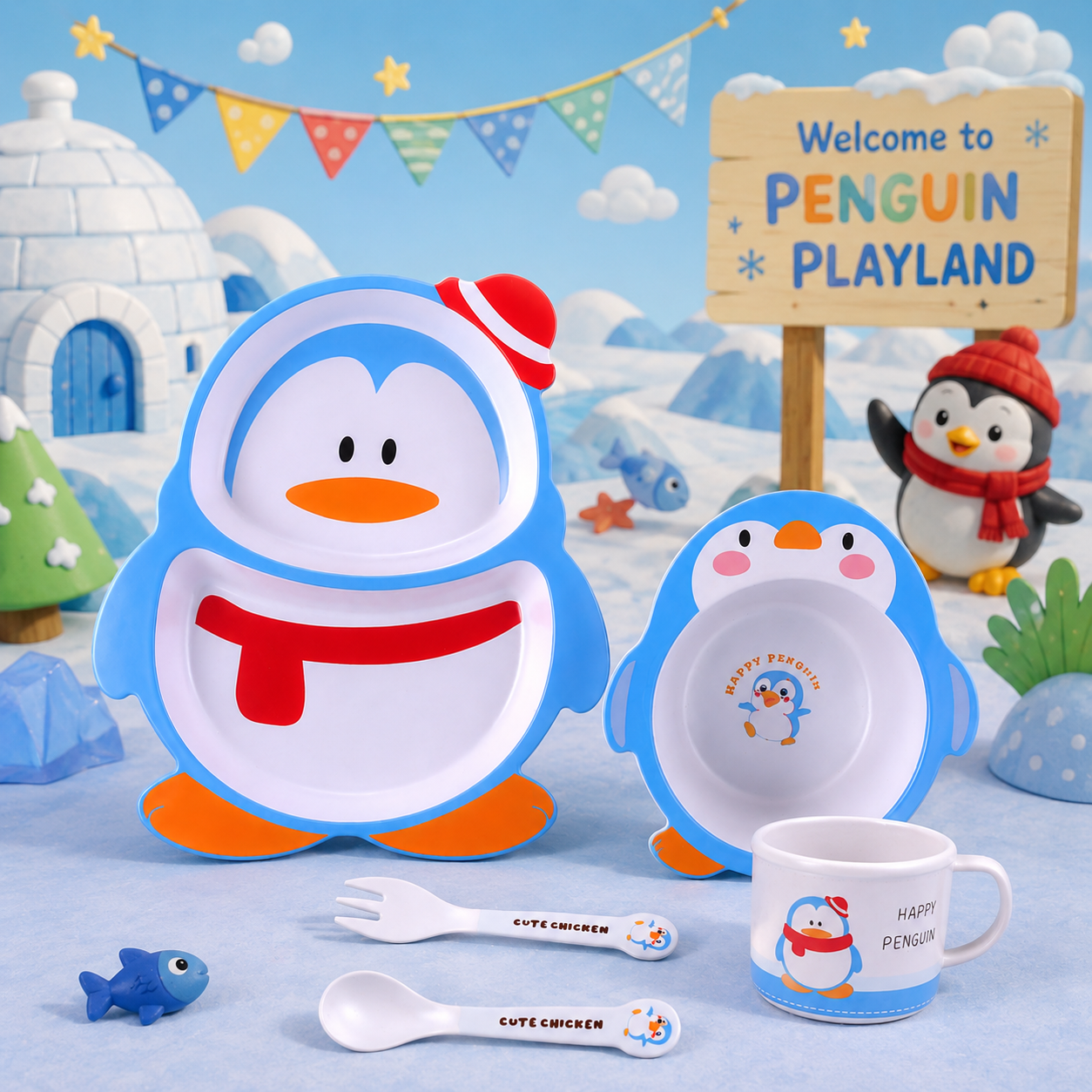 Paddy- The Penguin Bamboo Kids Dinner /Feeding Set of 5