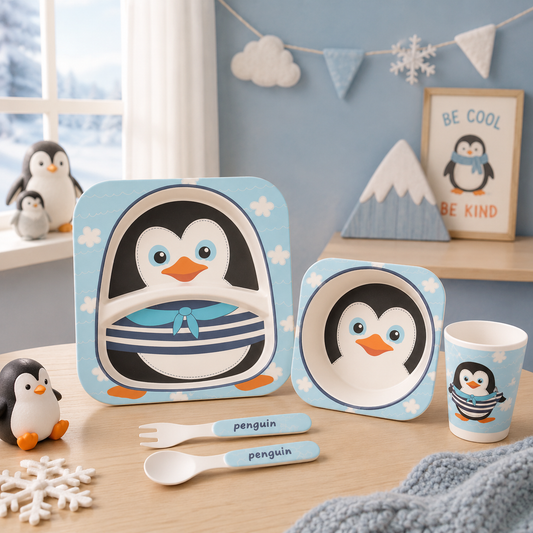 Plucky Penguin Bamboo Kids Dinner /Feeding Set of 5