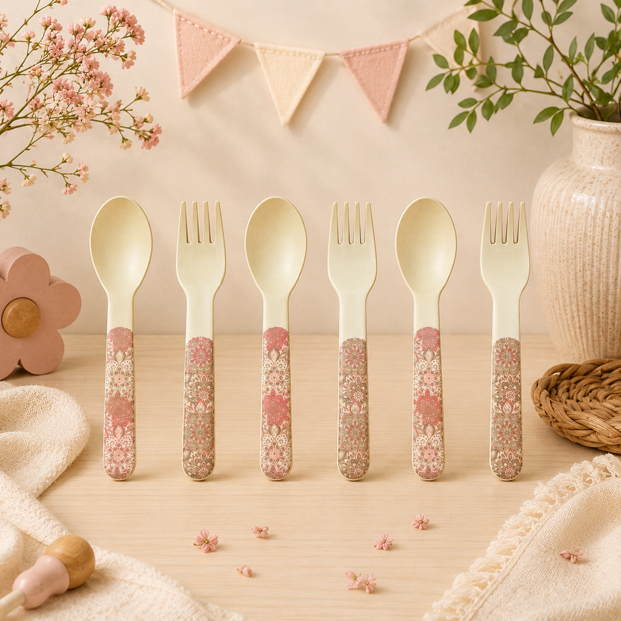 Pink Serenity Kids Bamboo Spoon and Fork- Set of 6