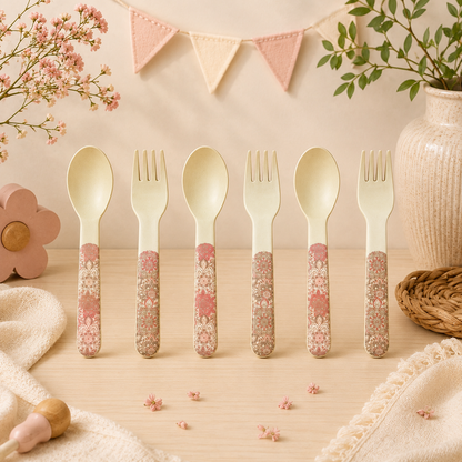 Pink Serenity Kids Bamboo Spoon and Fork- Set of 6