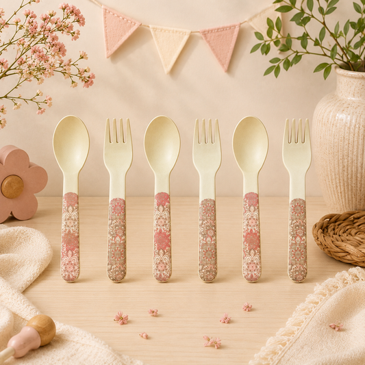 Pink Serenity Kids Bamboo Spoon and Fork- Set of 6
