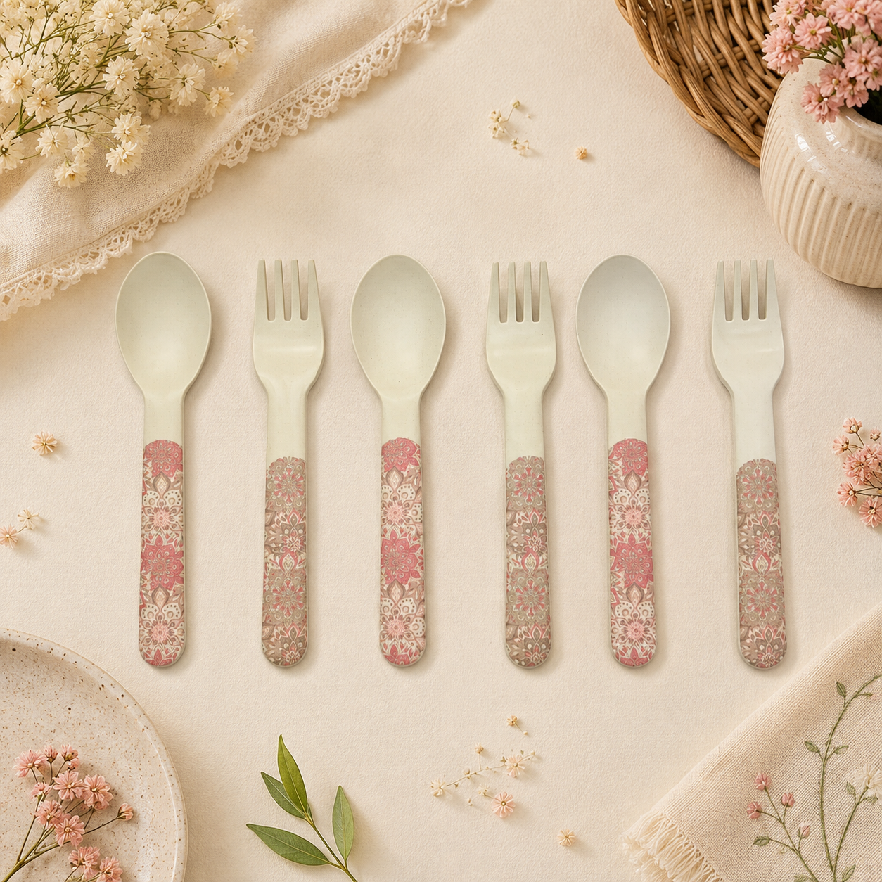 Pink Serenity Kids Bamboo Spoon and Fork- Set of 6