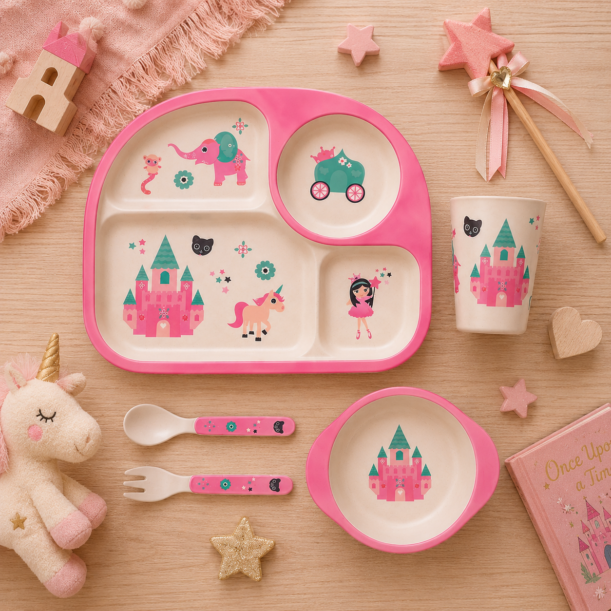 Pinky Princess' Castle Bamboo Kids Dinner /Feeding Set of 5