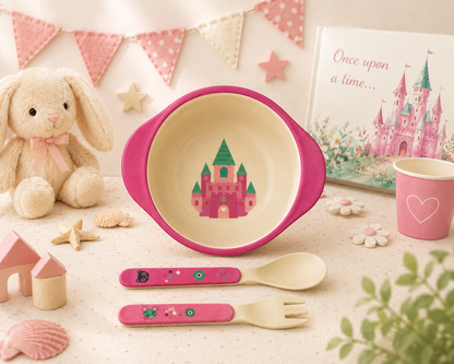 Princess Castle Bamboo Kids Bowl with Spoon and Fork -Set of 3
