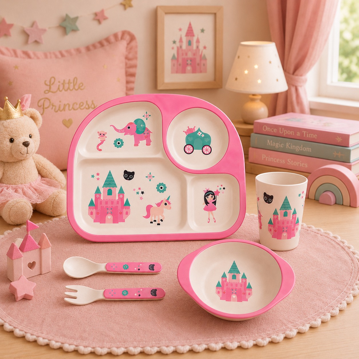 Pinky Princess' Castle Bamboo Kids Dinner /Feeding Set of 5