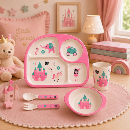 Pinky Princess' Castle Bamboo Kids Dinner /Feeding Set of 5