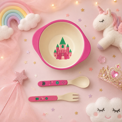 Princess Castle Bamboo Kids Bowl with Spoon and Fork -Set of 3