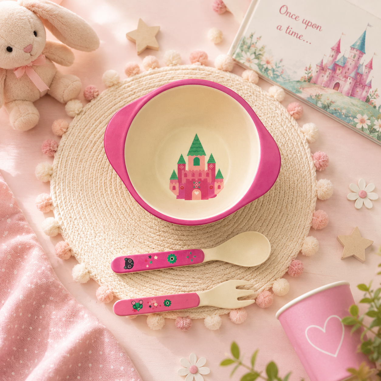 Princess Castle Bamboo Kids Bowl with Spoon and Fork -Set of 3