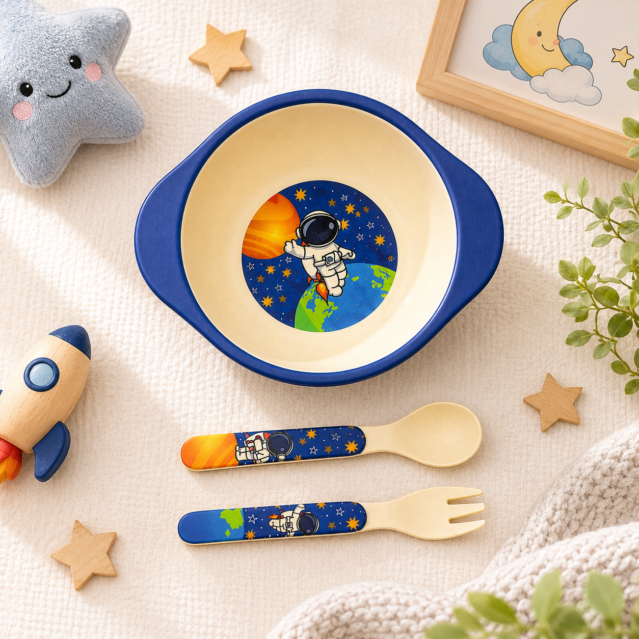 Astronaut in Space Bamboo Kids Bowl with Spoon and Fork -Set of 3
