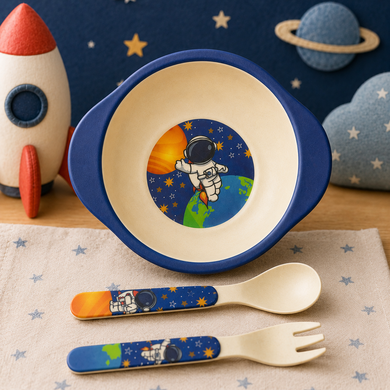 Astronaut in Space Bamboo Kids Bowl with Spoon and Fork -Set of 3
