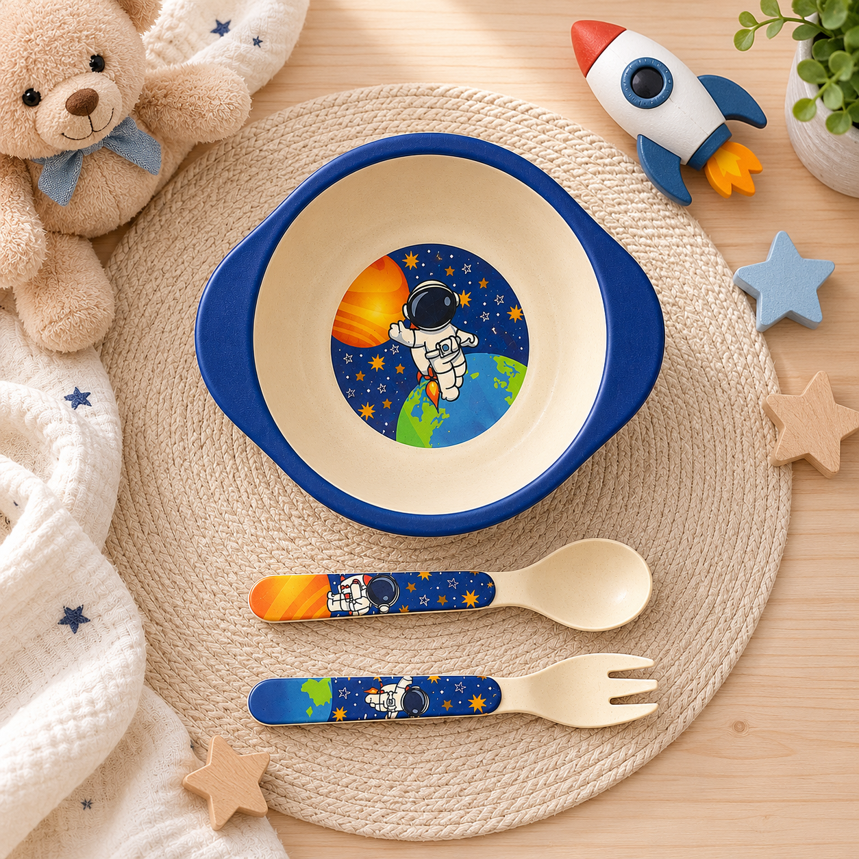 Astronaut in Space Bamboo Kids Bowl with Spoon and Fork -Set of 3