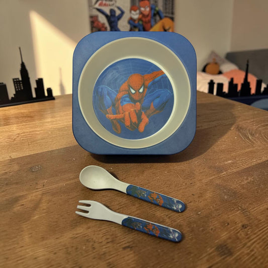 Savvy Spiderman Bamboo Kids Bowl with Spoon and Fork -Set of 3