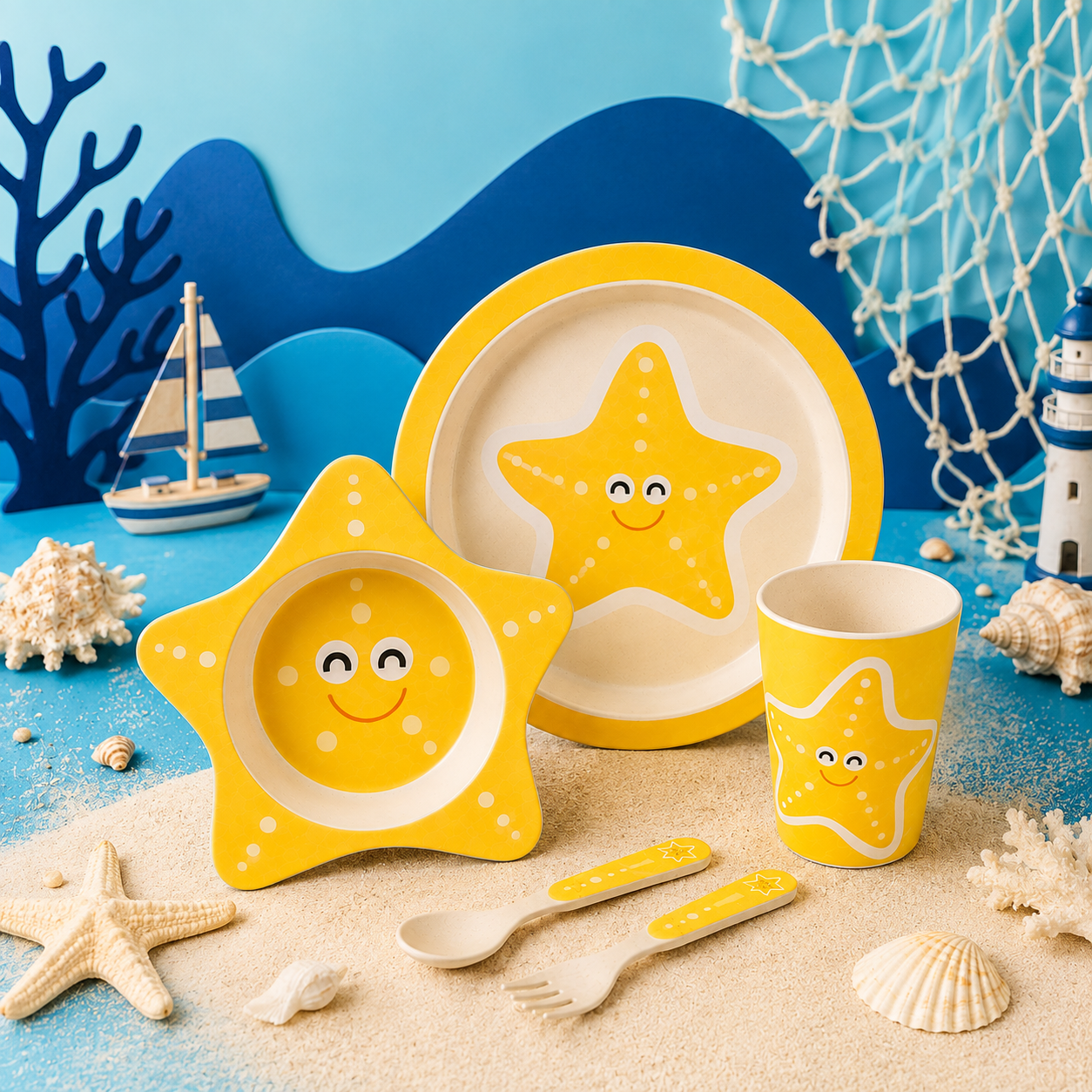 Sunny Starfish Bamboo Kids Dinner /Feeding Set of 5- Round Edition