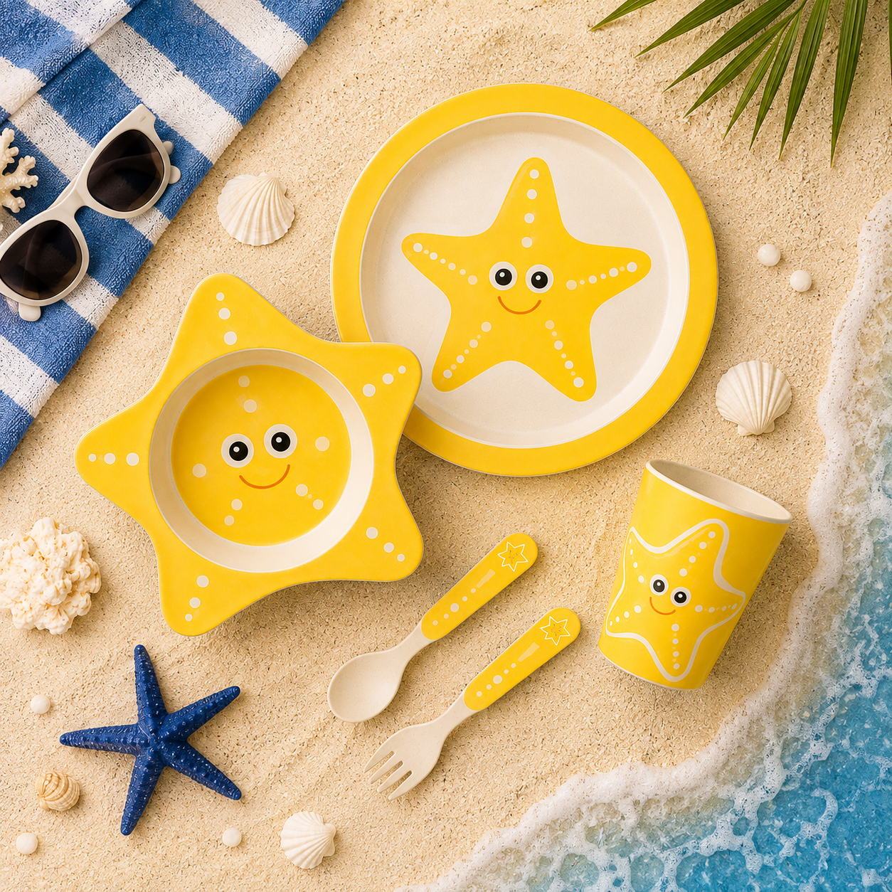 Sunny Starfish Bamboo Kids Dinner /Feeding Set of 5- Round Edition