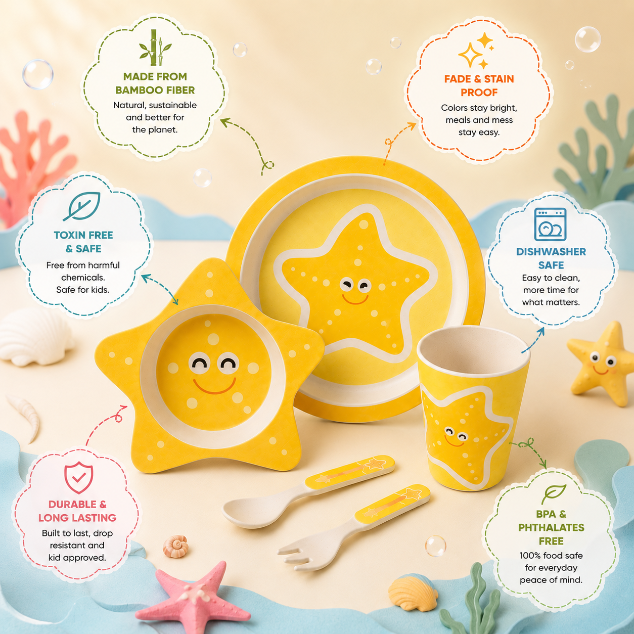 Sunny Starfish Bamboo Kids Dinner /Feeding Set of 5- Round Edition