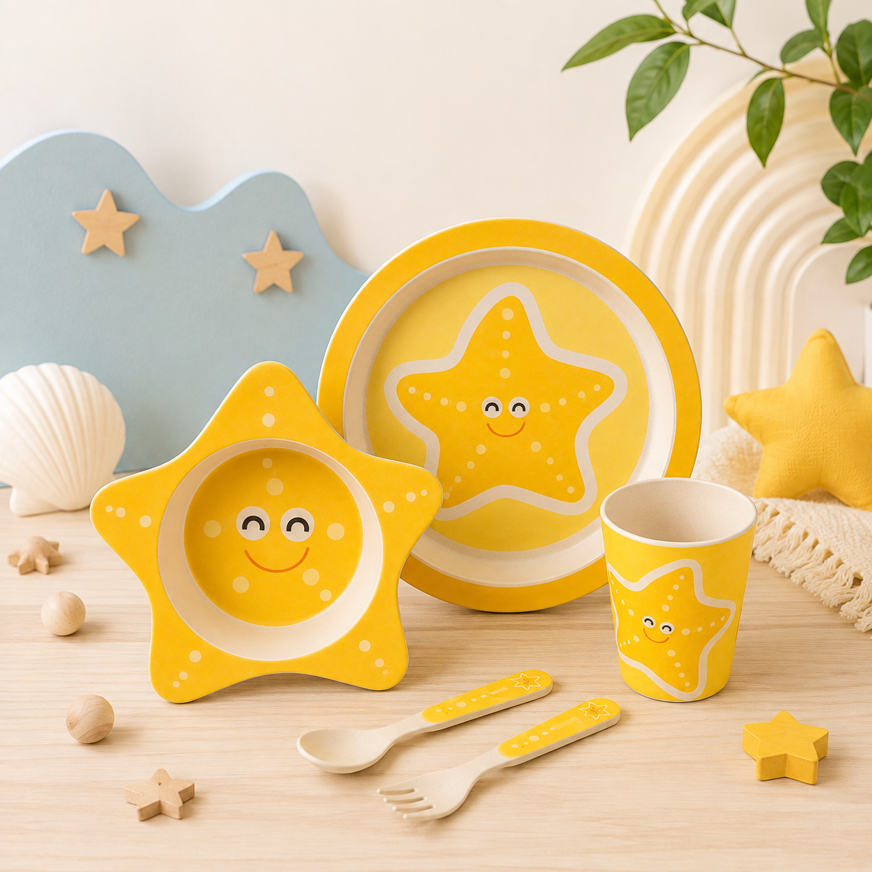 Sunny Starfish Bamboo Kids Dinner /Feeding Set of 5- Round Edition
