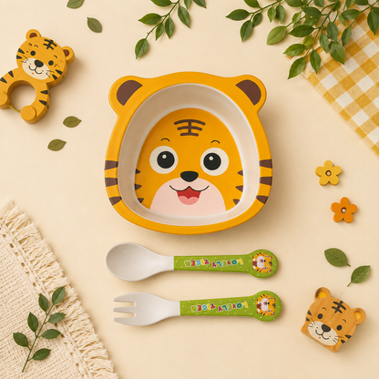 Tiggly Tiger Bamboo Kids Bowl with Spoon and Fork -Set of 3