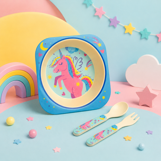 The Unicorn In the Sky Bamboo Kids Bowl with Spoon and Fork -Set of 3