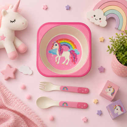 Pink Unicorn Bamboo Kids Bowl with Spoon and Fork -Set of 3