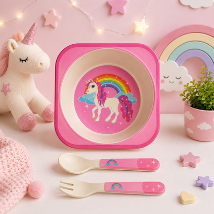 Pink Unicorn Bamboo Kids Bowl with Spoon and Fork -Set of 3