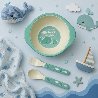 Green Whale Bamboo Kids Bowl with Spoon and Fork -Set of 3